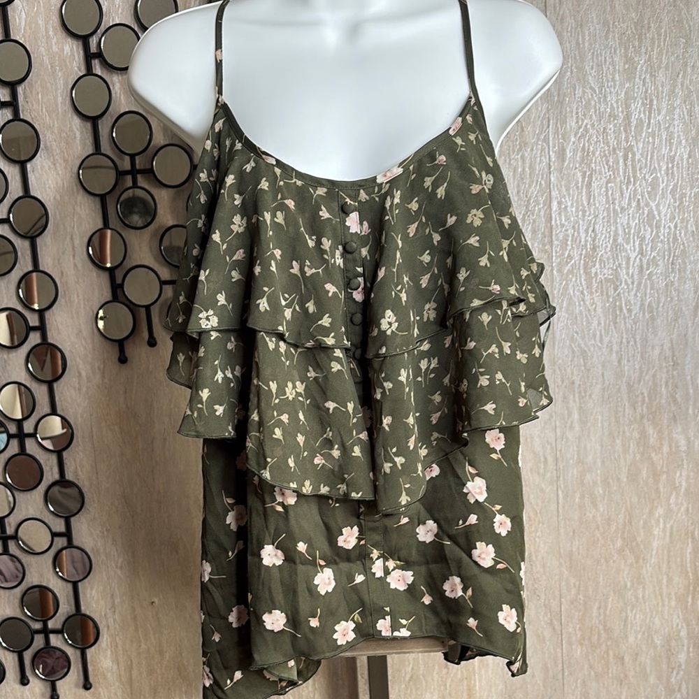 LC Lauren Conrad Olive Floral ruffle top